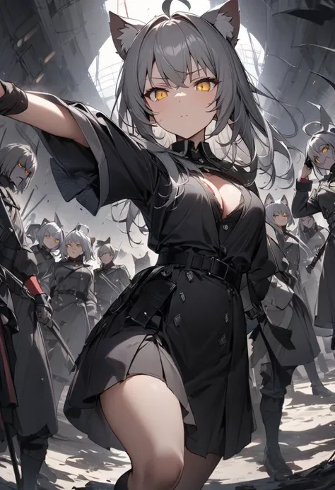 Dynamic Angles、Raising the German flag、Suspicious Gathering、Surrounded by enemies、(masterpiece, best quality:1.2), 1girl, 独奏、Gray cat ears、Grey long hair、Ahoge、Yellow Eyes、Gray cat ears、Background of military bases、Fisheye Lens、battlefield、Shadows of light...