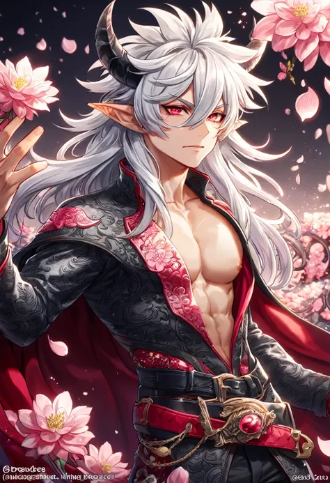 absurdres, highres, ultra detailed, HDR, master piece, best quality, Krozerus, white hair, spiked and messy hair, long hair, hair between the eyes, expressive red eyes, Dream and Legacy, solo, sexy man, handsome, demon, slightly pointed ears, black horns, ...