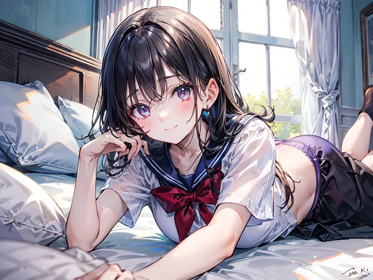 (Best quality, 8k, 32k, Masterpiece, UHD,:1.2),RAW, human, 1girl,ultra cute , ultra cute, natural lighting,transparent shining eyes, 20yo, small breast ,femur, fair complexion , flushed face, sailor suit, lying on bed, on stomach, seductive, Lying on stoma...