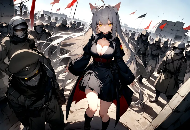 Dynamic Angles、Raising the German flag、Suspicious Gathering、Surrounded by enemieasterpiece, best quality:1.2), 1girl, 独奏、Gray cat ears、Grey long hair、Ahoge、Yellow Eyes、Gray cat ears、Background of military bases、Fisheye Lens、battlefield、Shadows of light and...