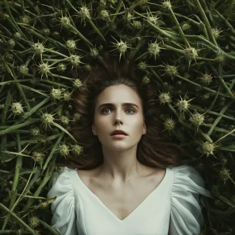 cinematic film still,From above,Juxtaposition of a eerie epic photo of a woman3 wearing white dress with her eyes opened covered in hair and thorns,solo,lost look, slight smile,no humans,plant,aesthetic (theme) Juxtaposition,artistic,photography,dramatic l...