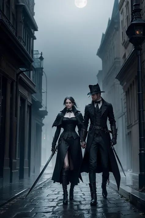 A stormy and dark scene in a Gothic Victorian era city with fog in the streets with two bloodborne hunters one on the side with a common sword and the other with a greatsword on the back in the background in the streets with werewolves surrounding the hunt...