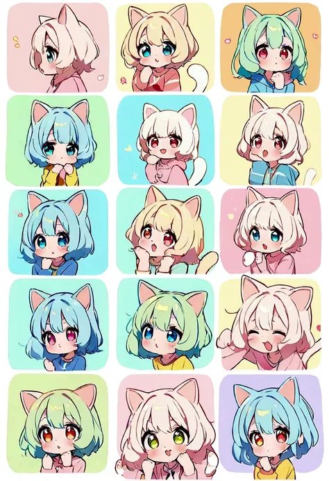 List of illustrations of cute cat poses, several side-by-side, cute colors and poses, best image quality