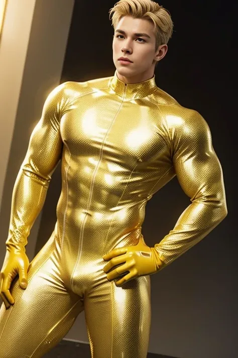  young handsome hunky blonde haired muscular metahuman  bright white glowing skin,, wearing gold full body micro honeycomb textured skin tight suit latex spandex .with gloves 