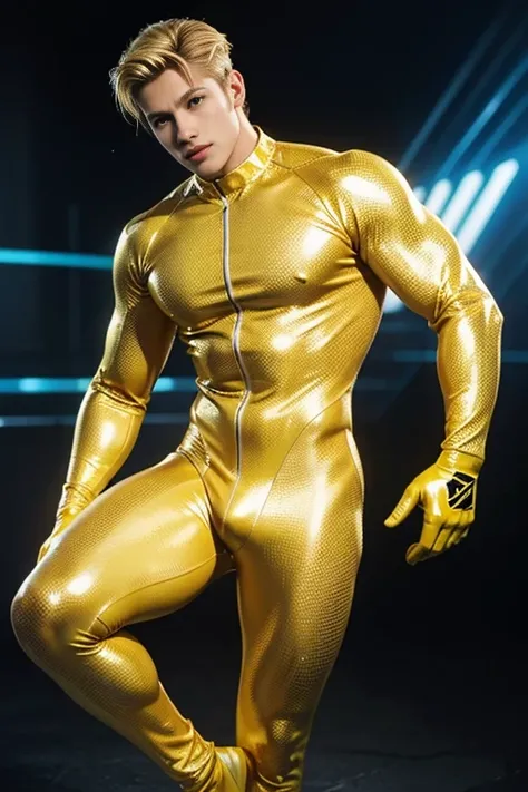  young handsome hunky blonde haired muscular metahuman  bright white glowing skin,, wearing gold full body micro honeycomb textured skin tight suit latex spandex .with gloves 