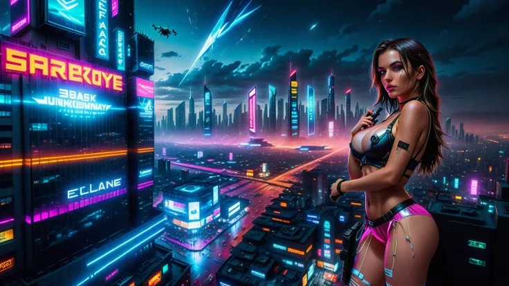 (((aerial view))) image of a cyberpunk cityscape, all-glass towering skyscrapers, neon lights and holographic billboards, futuristic, high-tech and grunge elements, 1drone. at night, (((1girl, solo))), photo realistic, (large-breast slim body, cleavage), (...