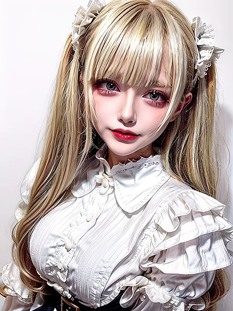 (((amount、White blonde Hair、Northern Europe、White people、beautiful girl、blonde、White Background、Blouse with collar and sleeves、Frills、Race)))、Tabletop, Highest quality, shape, Very detailed, finely, High resolution, 8k wallpaper, Perfect dynamic compositio...