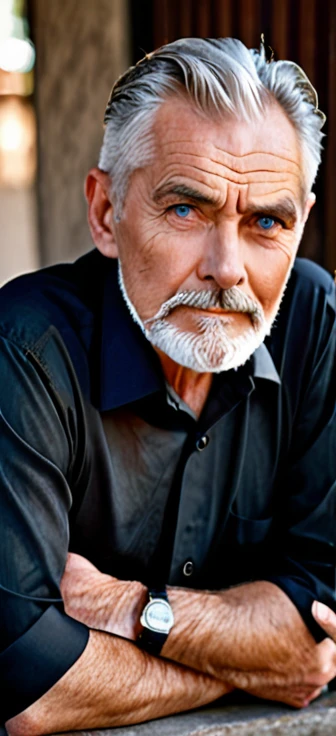 old man with short well-groomed gray hair, defined mature face with wrinkles, neatly trimmed gray beard covering chin and cheeks, piercing blue eyes with serious confident expression, wearing black collared shirt, elegant and sophisticated