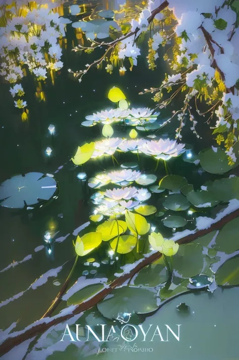 night, the lotus pond during the summer solstice is beautiful, wonderland, waterdrop on lotus, quite night, made with anime painter studio, light waterdrops, glowing waterdrops, glowing lotus, inspired by Kaigetsudō Ando, soft light of summer night, blue l...