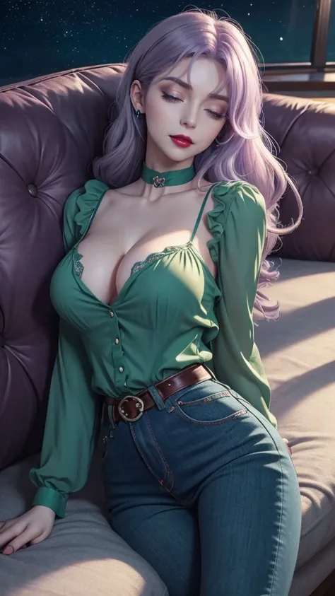 Irish  woman, anime, cute, beautiful, high quality, night, 8k, long waist length light pale purple hair, green eyes, red lips, eyelashes, (blue) blouse, blue jeans, high neckline, sleeping