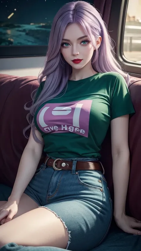 Irish  woman, anime, cute, beautiful, high quality, night, 8k, long waist length light pale purple hair, green eyes, red lips, eyelashes, (blue) t shirt, blue jeans, sleeping