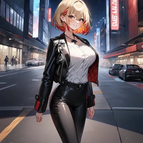 A woman wearing an open black leather jacket, white shirt with iron cross symbol, iron cross necklace around her neck, short hair, blonde hair, red bangs, multicolored hair, brown eyes, smiling, big breasts, black pants, black boots in leather, standing po...