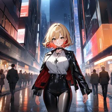 A woman wearing an open black leather jacket, white shirt with iron cross symbol, iron cross necklace around her neck, short hair, blonde hair, red bangs, multicolored hair, brown eyes, smiling, big breasts, black pants, black boots in leather, standing po...