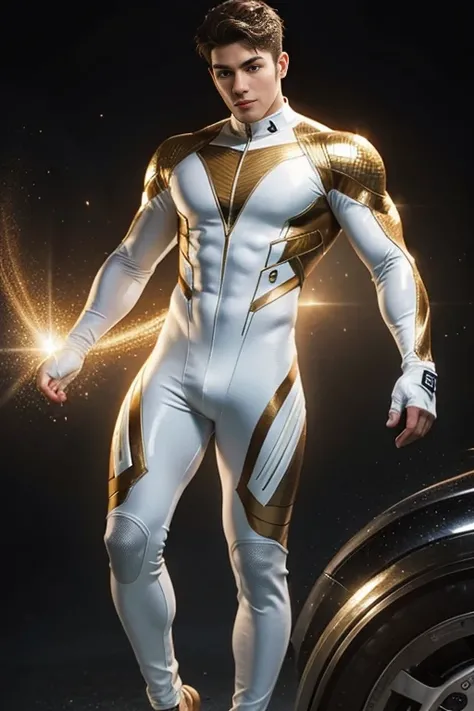  young handsome hunky brown haired muscular metahuman  bright white glowing skin,, wearing bronze full body micro honeycomb textured skin tight suit latex spandex .with gloves 