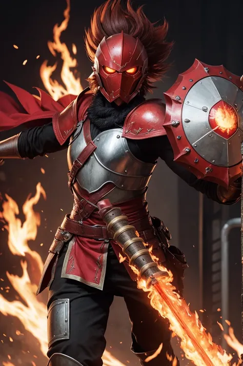 A construct in flaming armor wielding a red Mace and a large shield 