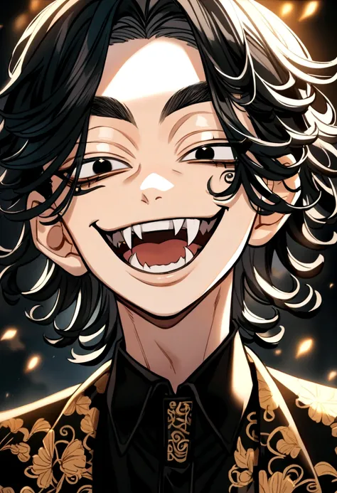 1. Chico Keisuke Baji, tokyo revengers, long black hair color a little wavy, black eye color, (smile with fangs) calm look (4k) (perfect lighting)