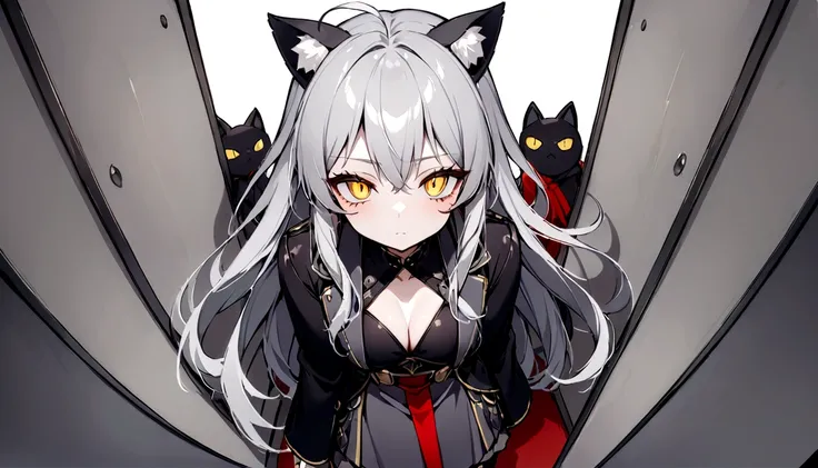 Pitch blackな部屋、Exquisite shadow expression、Pitch black、darkness、Surrounded by enemieasterpiece, best quality:1.2), 1girl, 独奏、Gray cat ears、Point your gun at us、Grey long hair、Ahoge、Yellow Eyes、Gray cat ears、Background of military bases、Fisheye Lens、battlef...