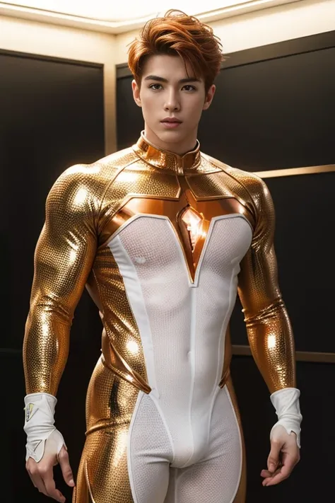  young handsome hunky orange haired muscular metahuman  bright white glowing skin,, wearing copper full body micro honeycomb textured skin tight suit latex spandex .with gloves 