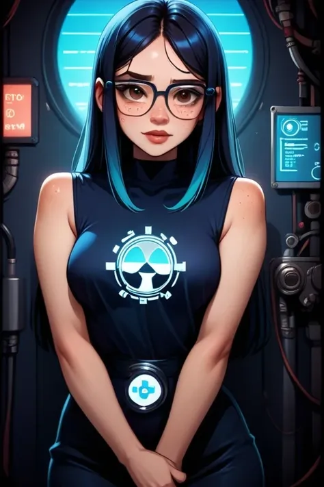 tall asian-caucasian woman; 31 years old; long black hair with blue highlights; almond-shaped brown eyes; pale Caucasian skin with freckled cheeks; slender build; perky breasts; form-fitting casual dress; wearing thick black-rimmed square glasses; working ...