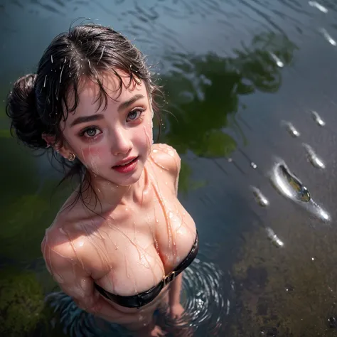 masterpiece of ExtremelyDetailed (ProfessionalPhoto of Stunning women:1.4) Looking at Sky, (((Downpour))), BraidHair with bun, (Joyful Expressions LifeLike Rendering), ((Extremely detailed beautiful face and eyes)) BlushAhegao SmoothArmpit LiquidSoap White...