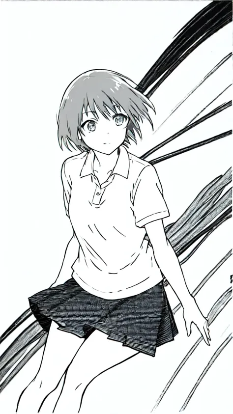 anime girl short black hair silver polo shirt wearing skirt