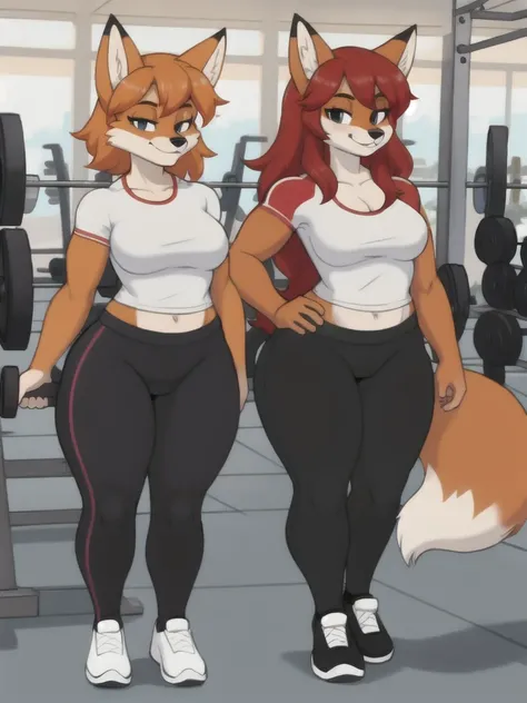 Furry, fox, female, white shirt, black leggings, shoes, gym, teen, full body