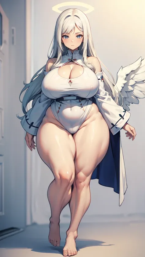 blank background, ((full body framing)), standing, (masterpiece), (best quality), huge girl, (muscular girl:0.8), (wide hips:1.5), (thin hair:1.7), massive breast, (long legs:1.6), big cleavage, cute:1.8, adorable:1.8, angel girl, (white wings), halo,solo,...