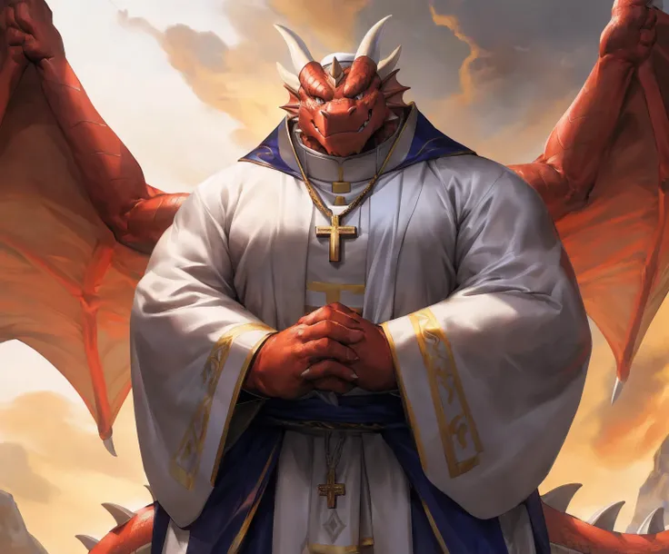 human nature, cannon, male, solitary, ((the strong，Handsome)), (dragon),((Traditional Catholic Pope outfit，西方dragondragon角))， standing，((Traditional Catholic style))，Hand in hand cross，high quality, (4K,high quality, high resolution, masterpiece), Front vi...