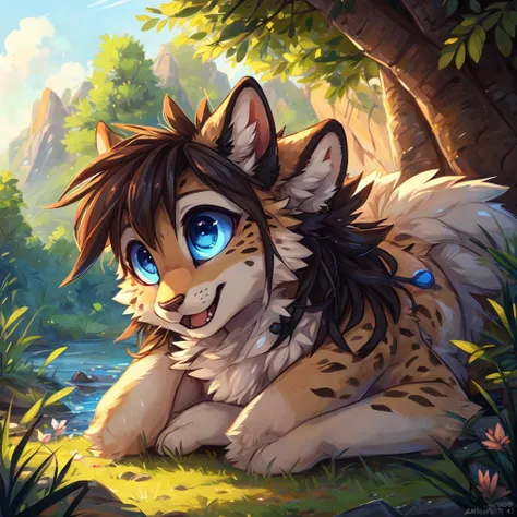 (best quality, masterpiece), 独奏, furry female winged cheetah, (feminine, large eyes, detailed fur, white fur, light fur, brown hair, savage hair, brown eyes, Blue sclera, blacK horns, happy, cute), pfp, profile picture, cute, looKing to spectator, (detaile...