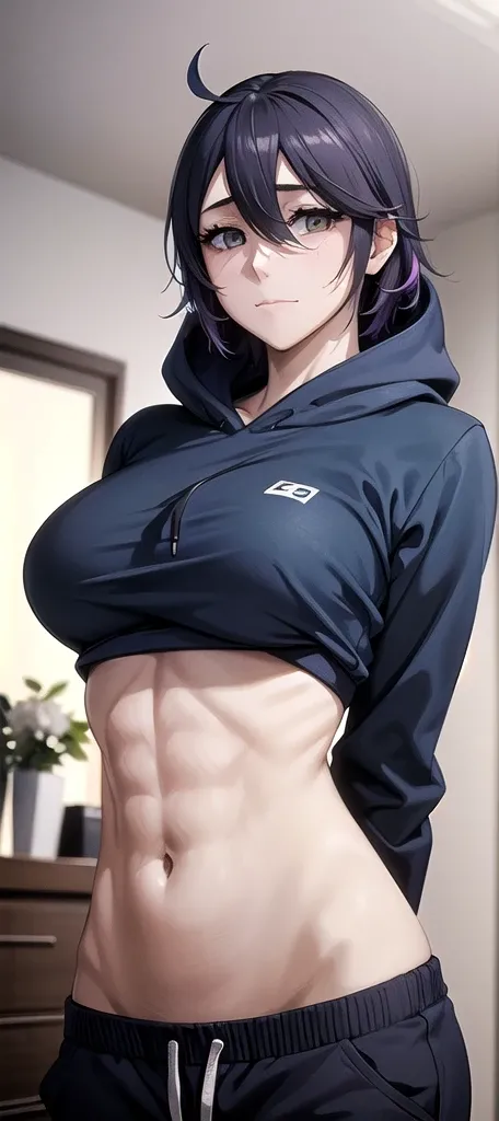 masterpiece, 1girl, solo, highlights in the eyes, serious, blue hoodie, white t-shirt, gray sweatpants, purple and blue two-tone hair, black back of hair, disheveled hair, indoor, in a living room, sexy, 8k, belly button, slim, beautiful skin, abs