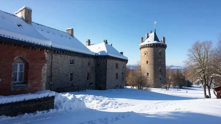 castle, snowland, 2 people look to the castle, winter, showhy day, expedition