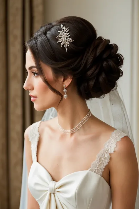 ((best quality)), ((masterpiece)), (detailed),A sophisticated chignon with smooth, twisted sections and a lace veil tucked underneath.