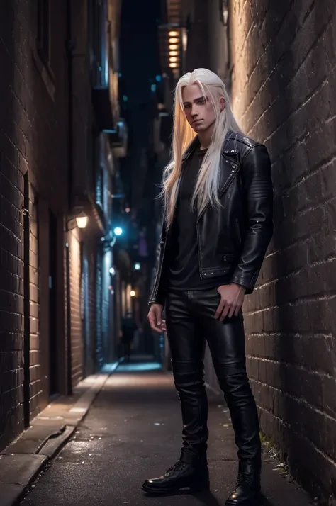 a photo of an attractive 25 year old with long platinum blonde hair in a (dark alley:1.2), wearing a (leather-jacket:1.1) and pants, (nighttime:1.3), (8k, RAW photo, best quality, ultra high res, photorealistic, masterpiece, ultra-detailed, Unreal Engine)