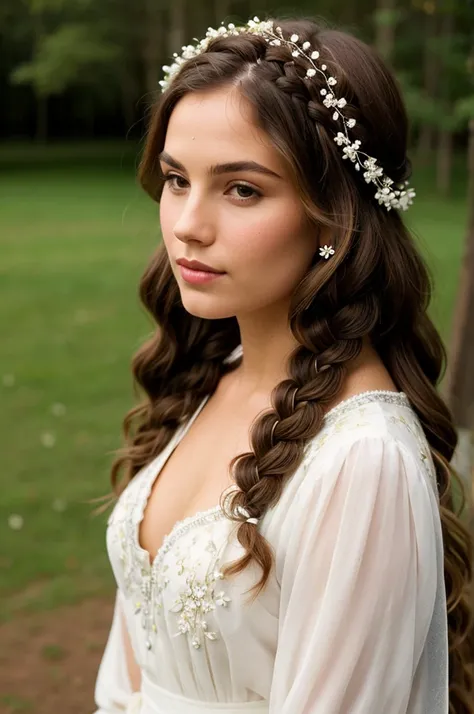 ((best quality)), ((masterpiece)), (detailed),A bohemian braid crown with loose waves, decorated with small, white flowers.