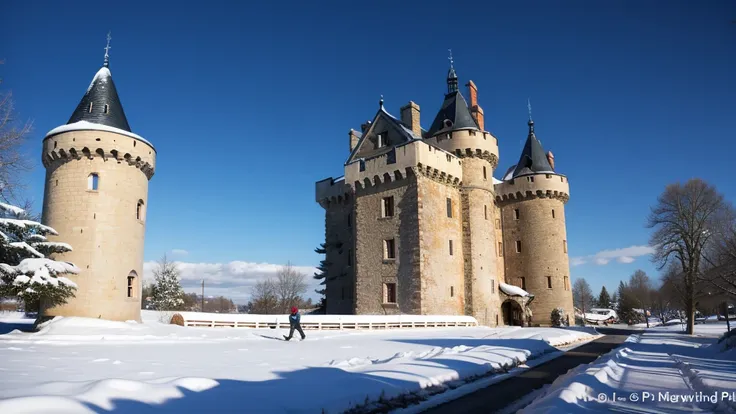 castle, snowland, 2 man look at the castle, winter, showhy day, expedition