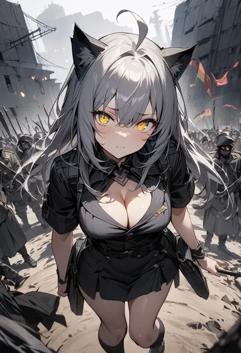 Dynamic Angles、Raising the German flag、Suspicious Gathering、Surrounded by enemies、(masterpiece, best quality:1.2), 1girl, 独奏、Gray cat ears、Grey long hair、Ahoge、Yellow Eyes、Gray cat ears、Background of military bases、Fisheye Lens、battlefield、Shadows of light...