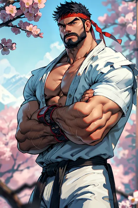 (masterpiece, best quality:1.2), cowboy shot, solo, male focus, 1boy, ryu \(sf\), shirtless, abs, middle age, serious, determine...