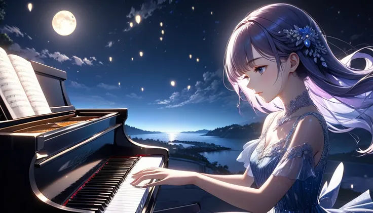 a beautiful young girl playing a piano in the moonlight, anime style, viewed from a distance, detailed face, long eyelashes, elegant fingers, flowing dress, soft moonlight, dramatic shadows, vibrant colors, highly detailed, 8K, fantasy, cinematic lighting,...