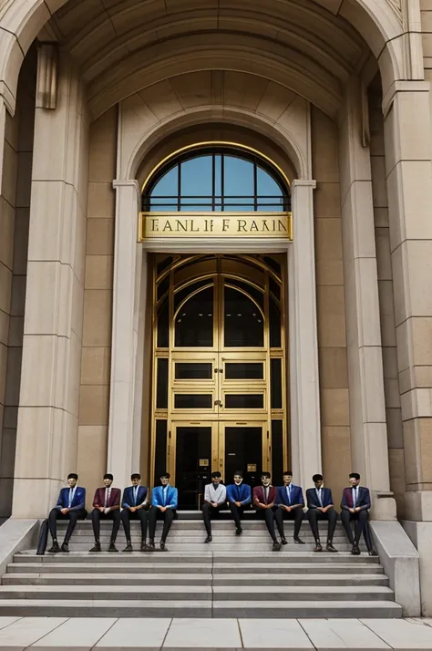 May he be eager and may he be great , farmil color there are 5 students sitting on a railing at the entrance and there is a sign with gold letters leran brinks institute