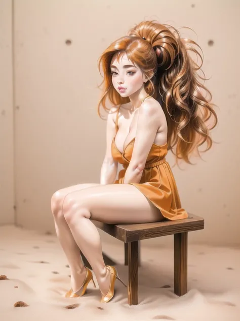 PICTURE REALISTIC, coherent image, detailled image, 1girl‚ brown eyes‚ beautiful eyelashes‚ (chestnut hair)‚ (chestnut hair curto), (chestnut hair curtos e cacheados), (Messy hair) vestimentas, sitting on a bench, breasts big, thick thighs‚ pastel and vibr...