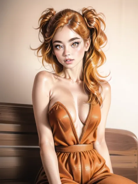 PICTURE REALISTIC, coherent image, detailled image, 1girl‚ brown eyes‚ beautiful eyelashes‚ (chestnut hair)‚ (chestnut hair curto), (chestnut hair curtos e cacheados), (Messy hair) vestimentas, sitting on a bench, breasts big, thick thighs‚ pastel and vibr...