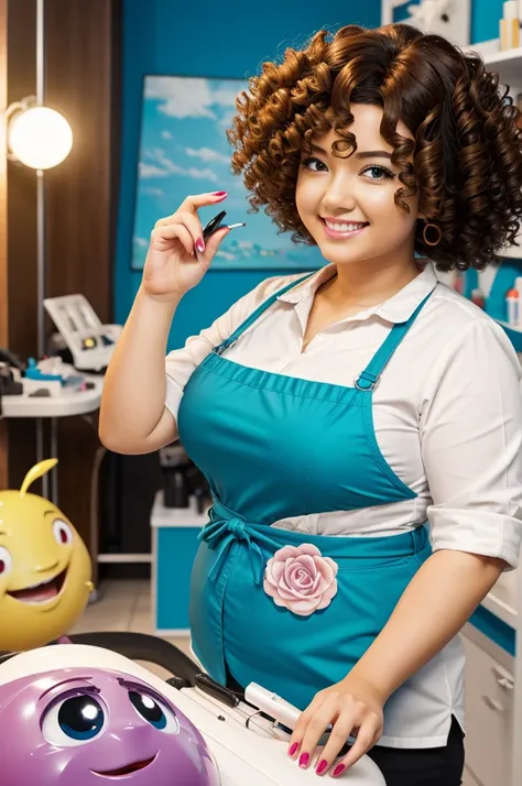 Anime character pixar woman chubby curly hair manicurist