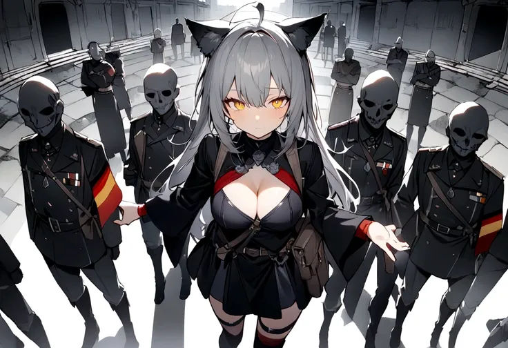 Dynamic Angles、Raising the German flag、Suspicious Gathering、Surrounded by enemies、(masterpiece, best quality:1.2), 1girl, 独奏、Gray cat ears、Grey long hair、Ahoge、Yellow Eyes、Gray cat ears、Background of military bases、Fisheye Lens、battlefield、Shadows of light...