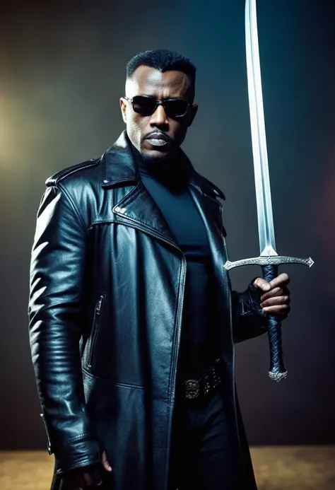 cinematic film still portrait shot,of blade the daywalker
blade the daywalker a man in a leather jacket holding a sword
 shallow...