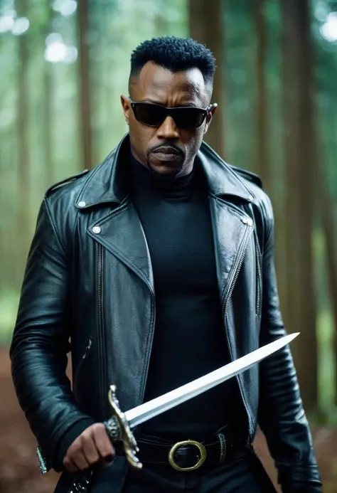 cinematic film still portrait shot,of blade the daywalker
blade the daywalker a man in a leather jacket holding a sword
 shallow...