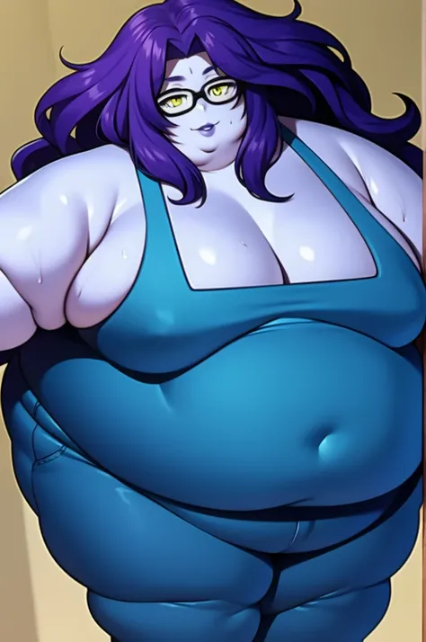 Anime Women, Lady、Forehead、Long Hair、Wavy Hair、Purple Hair、Glasses、Sharp eyes、Yellow Eyes、Purple lips、Cobalt blue body、Cobalt blue skin、Are fat、Chubby、Sensual、obesity、Double chin、Thick neck、Big Breasts、Saggy breasts、Thick upper arms、Thick arms、thick finger...