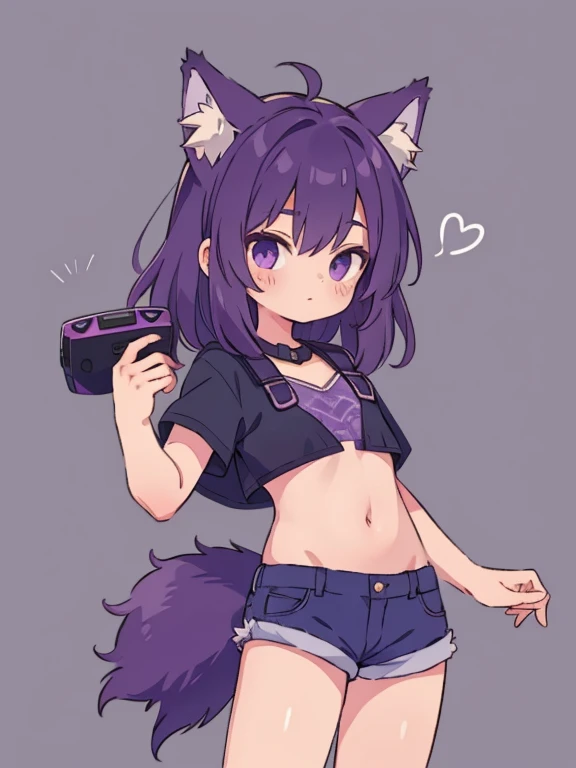 Cute, young, flat chest, 10 years old, shorts, crop-top, wolf ears, fluffy tail, dark purple hair, dark purple tail, vr headset