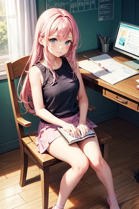 Draw a girl sitting in a chair in front of a table.
Make sure she has pink hair, long and straight.
Dress the girl in a light pink sleeveless sweater.
Add a pink miniskirt that reaches mid-thigh.
Draw white stockings that cover her legs up to her knees..
F...