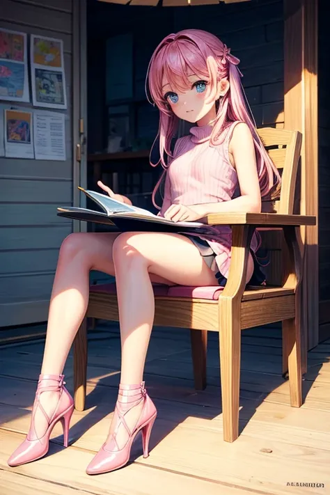 Draw a girl sitting in a chair in front of a table.
Make sure she has pink hair, long and straight.
Dress the girl in a light pink sleeveless sweater.
Add a pink miniskirt that reaches mid-thigh.
Draw white stockings that cover her legs up to her knees..
F...