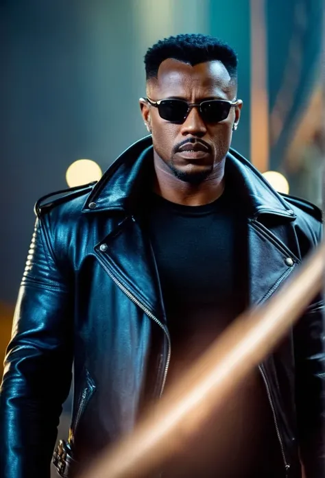 cinematic film still portrait shot,(((head shot)))of blade the daywalker
blade the daywalker a man in a leather jacket,
 shallow...